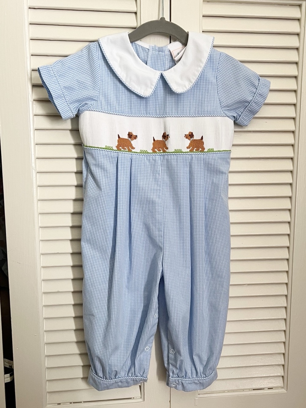 Classic Blue Smocked Puppy One-Piece for Kids